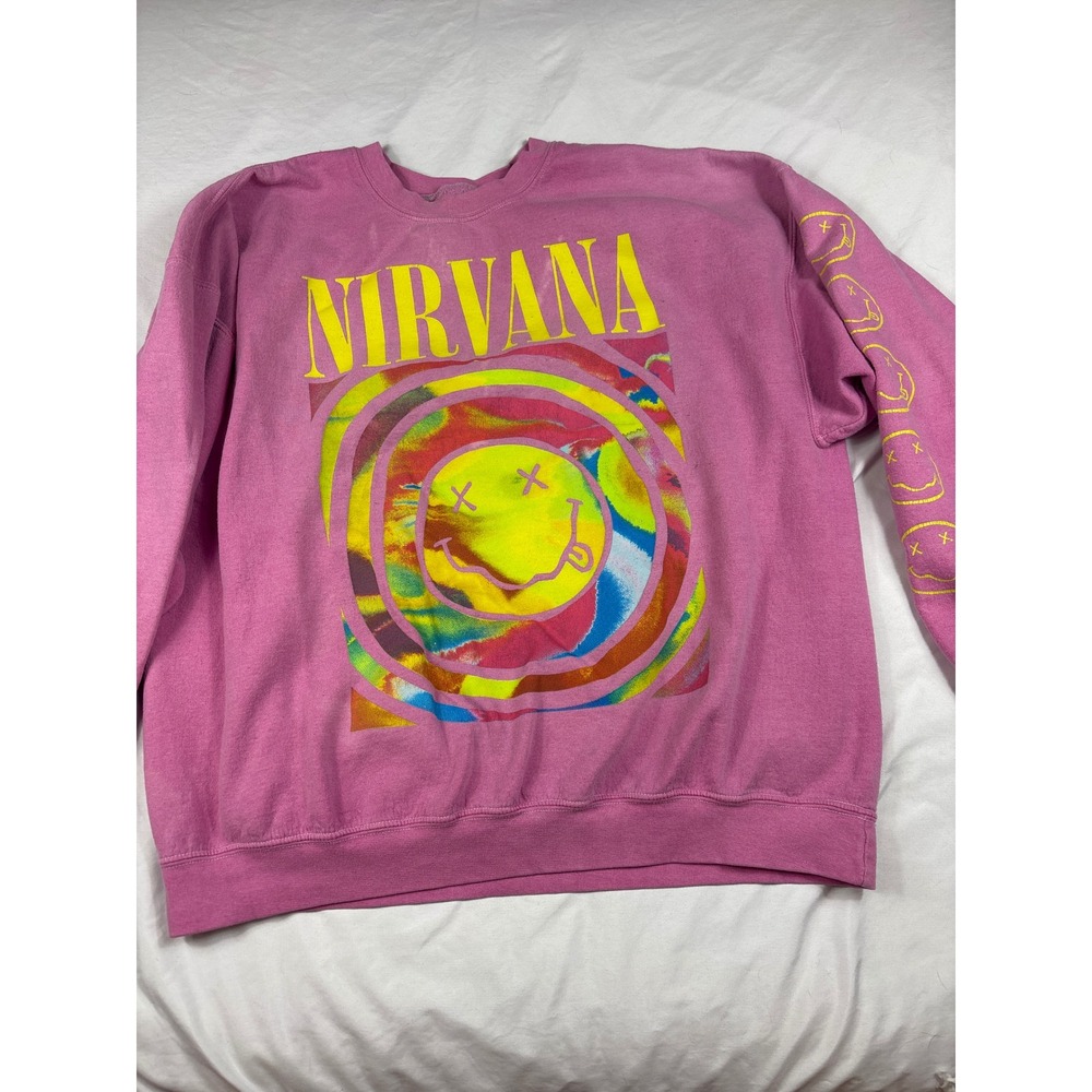 Nirvana Pink Graphic Sweatshirt Smiley Face Psychedelic Crewneck Pullover S/M